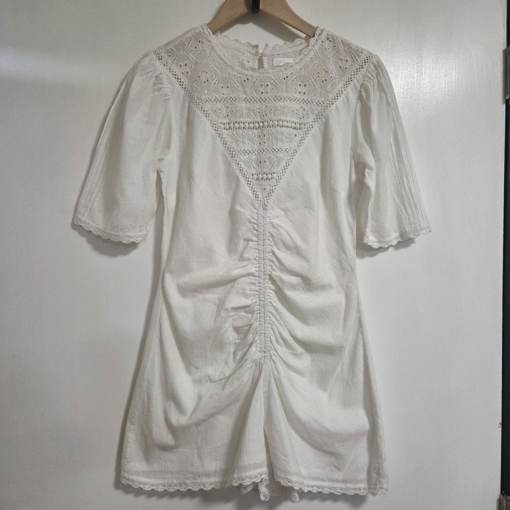 Women's White Eyelet Lace Romper Cottagecore Boho Embroidered Cotton Blend
